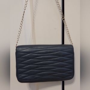 Vintage 1960s Morris Moskowitz Quilted Navy Blue Leather Purse with Chain